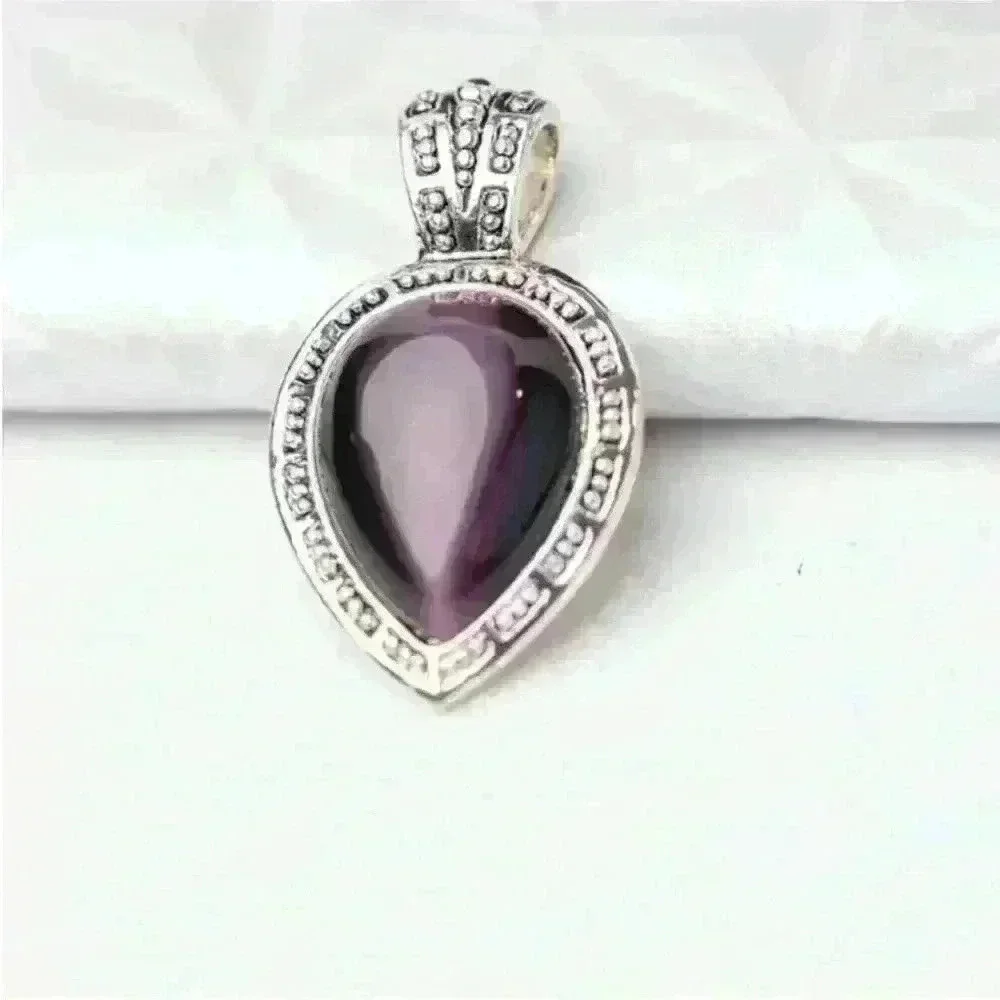 Purple Teardrop Stone Boho Pendant Silver Tone -Amethyst Style